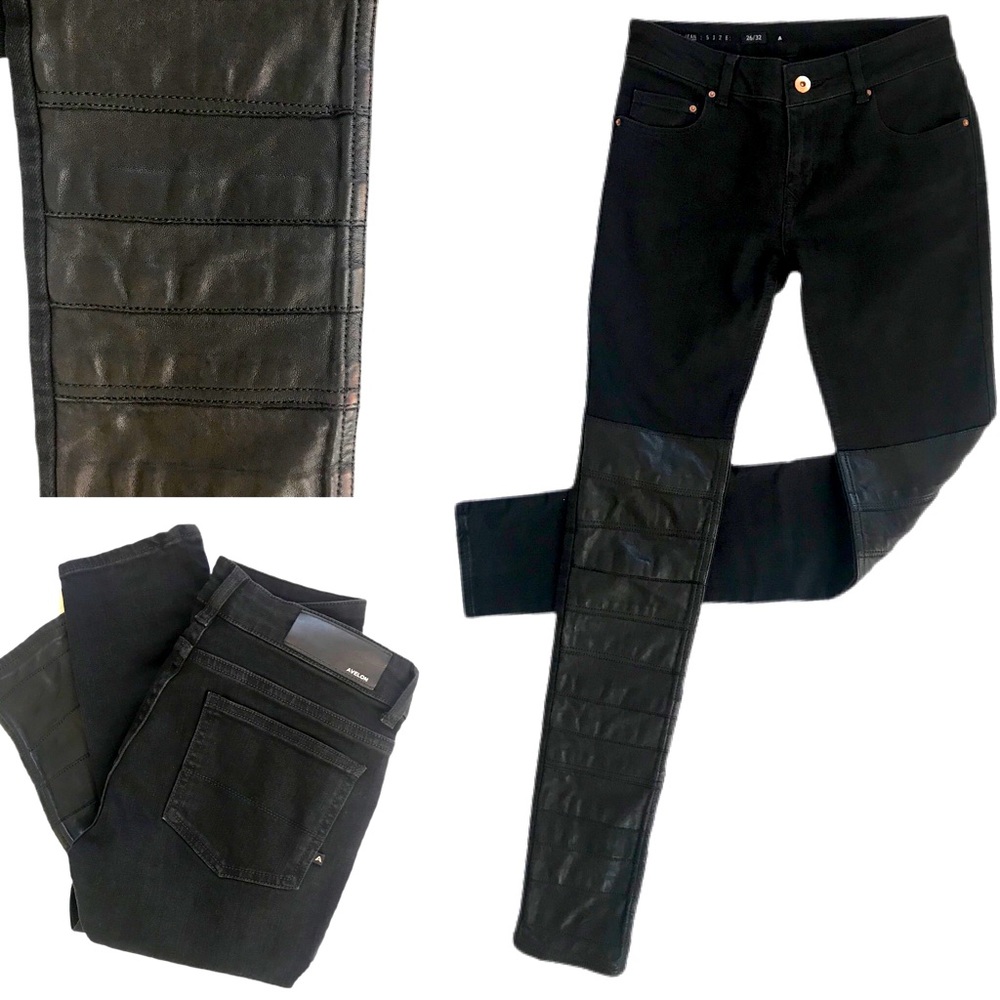 AVELON Black Leather Panel Skinny Jeans Moto Goth Minimalist Edgy Streetwear